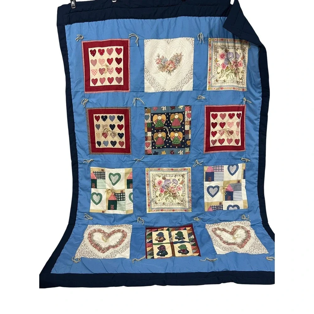 Vintage Patchwork Quilt Twin Blue‎ Hearts Floral Cottage Handmade 62x88